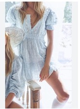 LoveShackFancy Tomasina Mini Dress Blue Embroidered Ribbon Milkmaid Coquette