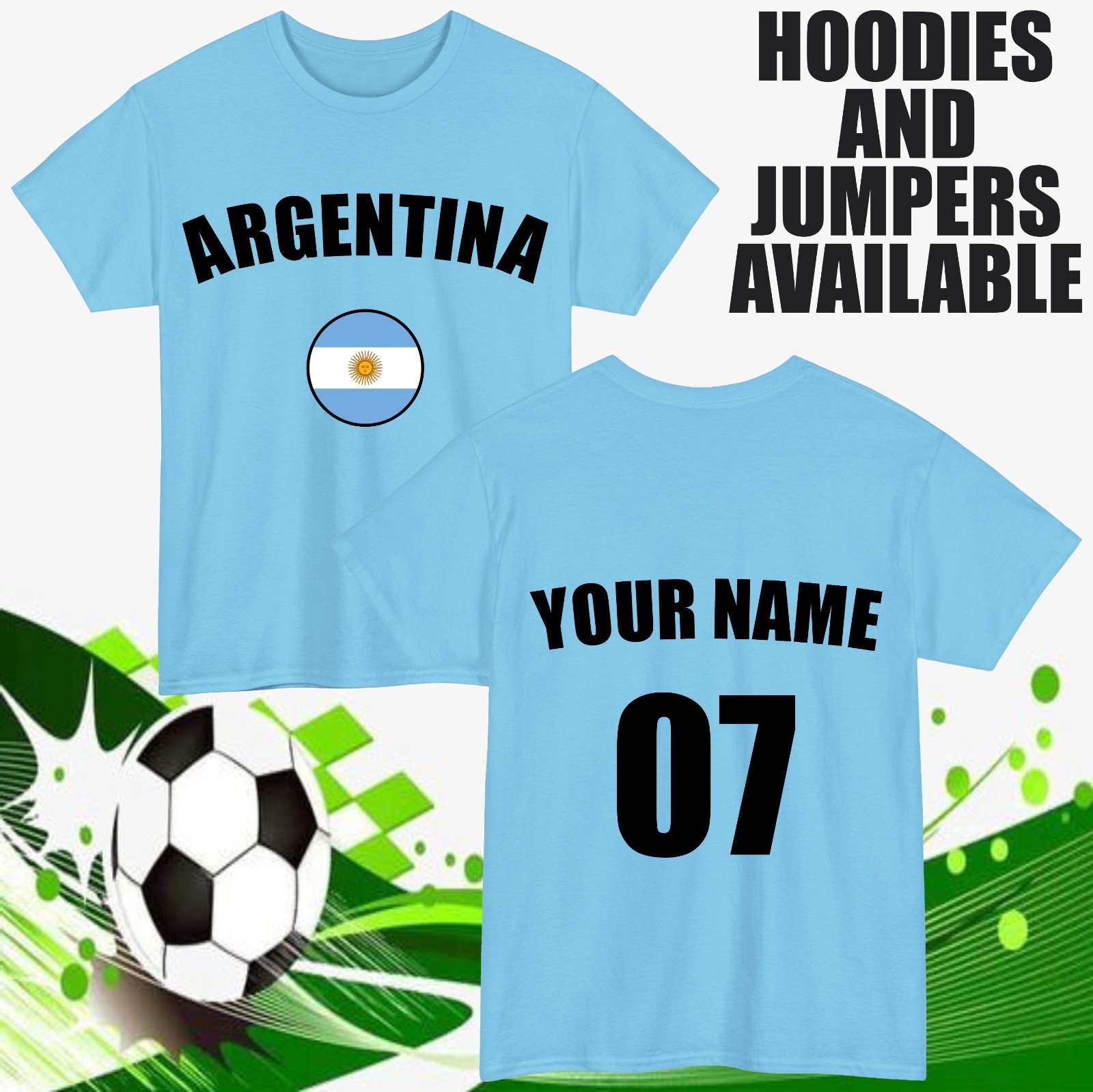 Personalised Argentina Football T-Shirt Customised Name & Number Lover Party Top