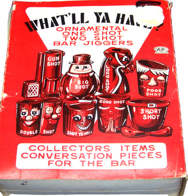 WHAT'LL YA HAVE? Ornamental Set of 8 pcs. Shot - Bar Jiggers Japan, Sealed 