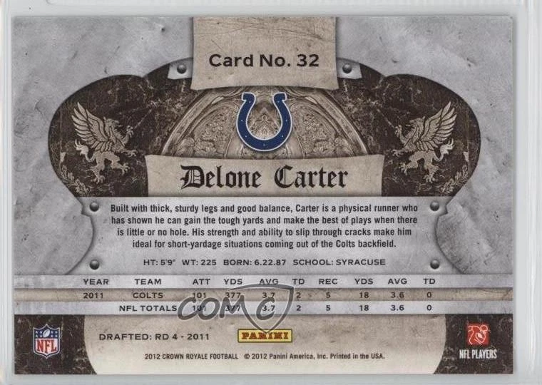 2012 Crown Royale Retail Uncut Crown Green /3 Delone Carter #32 - Image 2 of 2