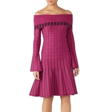 Prabal Gurung Off Shoulder Knit Dress Purple Stripe Bell Sleeve Sz 10