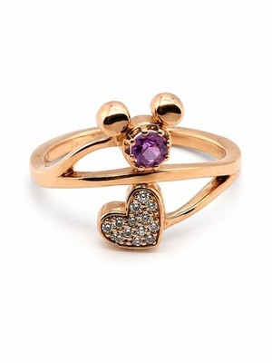 14K Rose Gold Pink Sapphire Diamond Mickey Heart Ring Size 6.5
