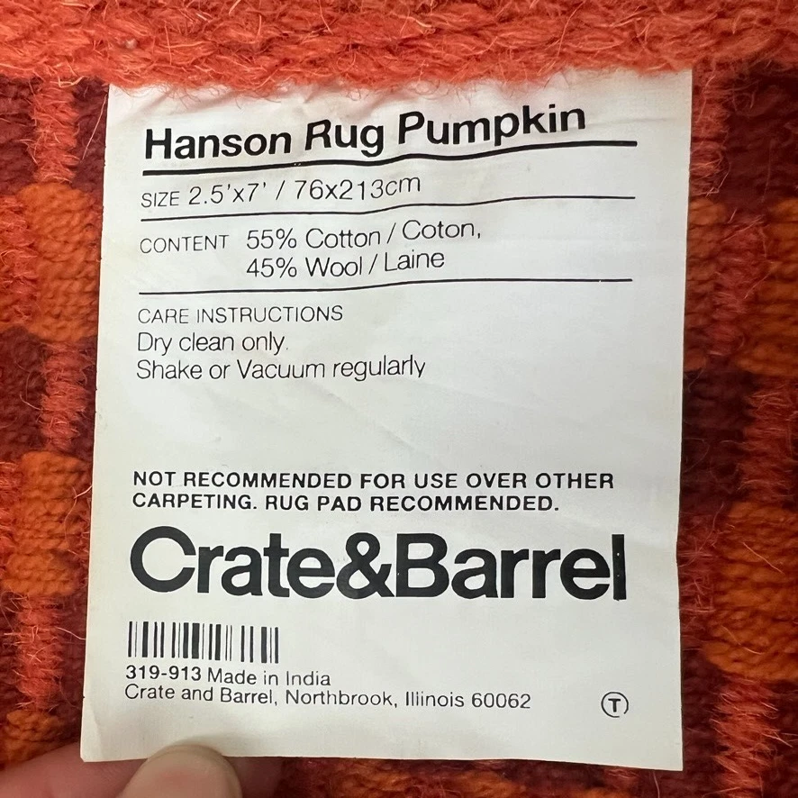 Crate and Barrel Hanson Runner Rug 2.5' x 7' Pumpkin Square Cotton Wool - Image 4 of 4