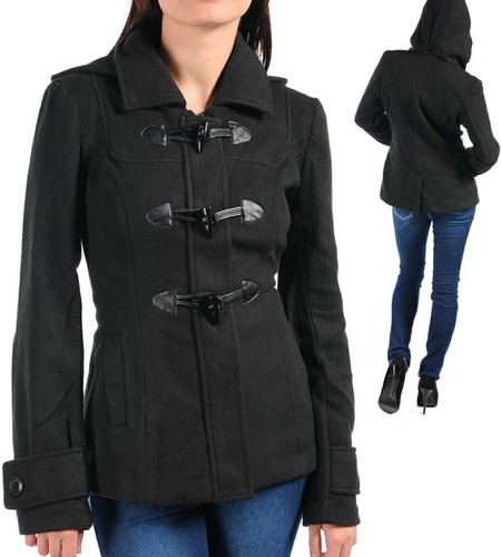 Black Zip/Toggle Front Fleece Jacket/Peacoat/Coat w/Removable Hood S/M/L - Picture 2 of 2