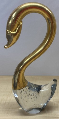 Vintage Brass and Art Glass Swans with Bubbles in Glass 7.5" 8" 9.5" Tall Set - Picture 4 of 5