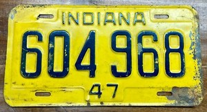 NICE'er LOOKING, STRAIGHT 1947 INDIANA PASSENGER CAR LICENSE PLATE, 604 968