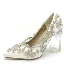 Womens Silk Satin Pointy Toe Diamante Crystal Block Heel Pump Wedding Shoes