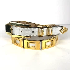 B.B. BELT by SIMON Genuine Leather & Solid Brass Belt Sz 32 M Silver Gold Glam