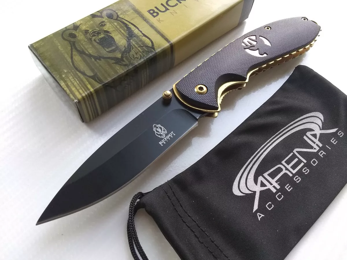 Deer Buck Spring Assisted Pocket Knife Flipper Gold Ti Liners Black Blade  EDC