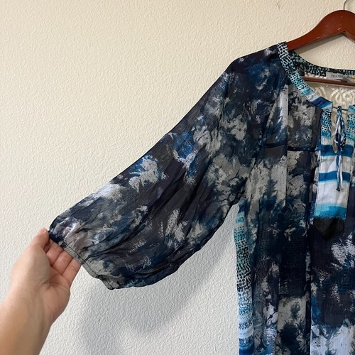 Figueroa & Flower Women Blue 3/4 Balloon Sleeve Split Tie V Neck Blouse Top SZ L - Picture 4 of 7
