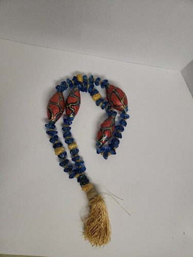 Unique Giant Glass Bead Statement Necklace Hand Blown Blue Red Knotted Tassel - Picture 2 of 12