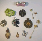 Vintage To Now Mixed Lot Of Costume Jewelry Pendants/ Hat Pins/Trinket Box