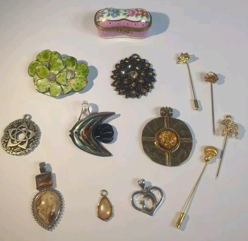 Vintage To Now Mixed Lot Of Costume Jewelry Pendants/ Hat Pins/Trinket Box