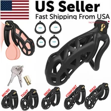 Male Chastity Cage Lock Device Kit W/ 4 Rings Virginity Device 5 Sizes Curve US