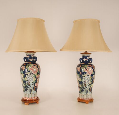 Chinese Ceramic Famille Rose Vase Lamps Porcelain Blue Oriental Table Lamps pair - Picture 1 of 11