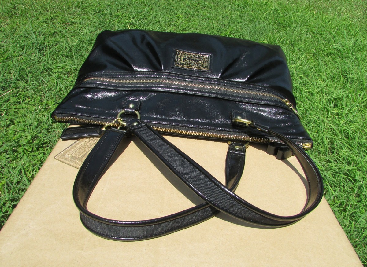 Coach Poppy Daisy Black Patent Leather Large Tote Shoulder Bag
