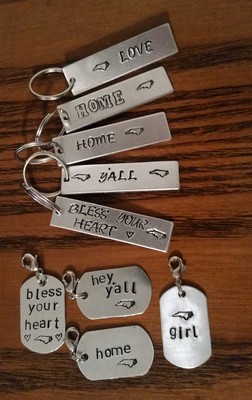 Hand Stamped metal Keychain NC North Carolina gift tag pendant funny You  Pick