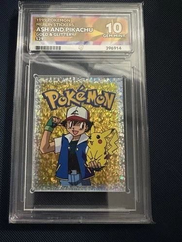 Pokémon Merlin Sticker 1999 Ash and Pikachu Gold Ace Graded 10