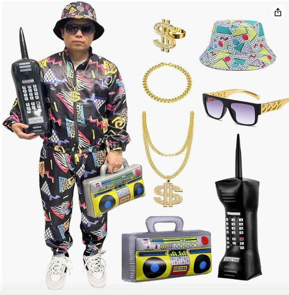 9 Piezas Para Hombres Años 80 90 De Lujo Disfraz M Chándal Para Hombres Boom Box Teléfono Joyería Sombrero Foto 2 de 4