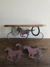  2pc Metal/Wood Wall Hanging Shelf & Towel Rack W/Wall Art Horses & Horseshoes 