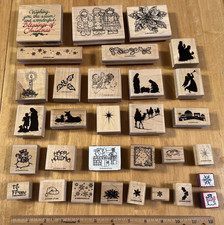 Lot of 31 Wood Backed Rubber Stamps-Christmas Holiday-Snowman-Angel-Wise Men