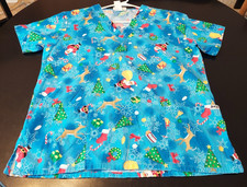 Stars of Best Medical Scrub Top Medium Blue Xmas Christmas Santa Pockets