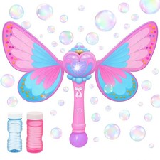 Kids Butterfly Bubble Wand with 2 Bottles Liquid Light Up Outdoor Activity Toy