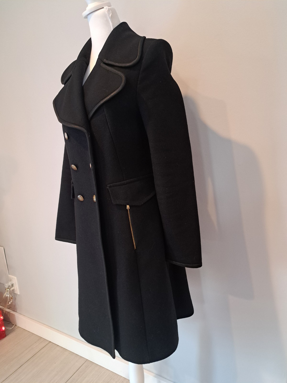 Zara Sz L Gold Button Wool Blend Tailored Coat Satin Silky Trim Zipper Pockets  thumbnail 2