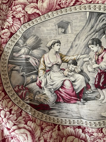 Antique French Country Farm Life Floral Toile Cotton Fabric ~ Red Gray Ochre - Picture 9 of 13