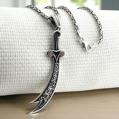 925 Sterling Silber Zulfiqar Halskette mit rotem Stein - Königskette