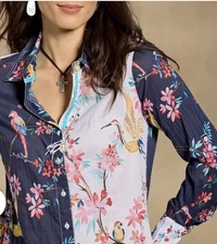 NEW Cino for Sundance Catalog Women Navy Pink Floral Crinkle Kyoto Shirt Top M