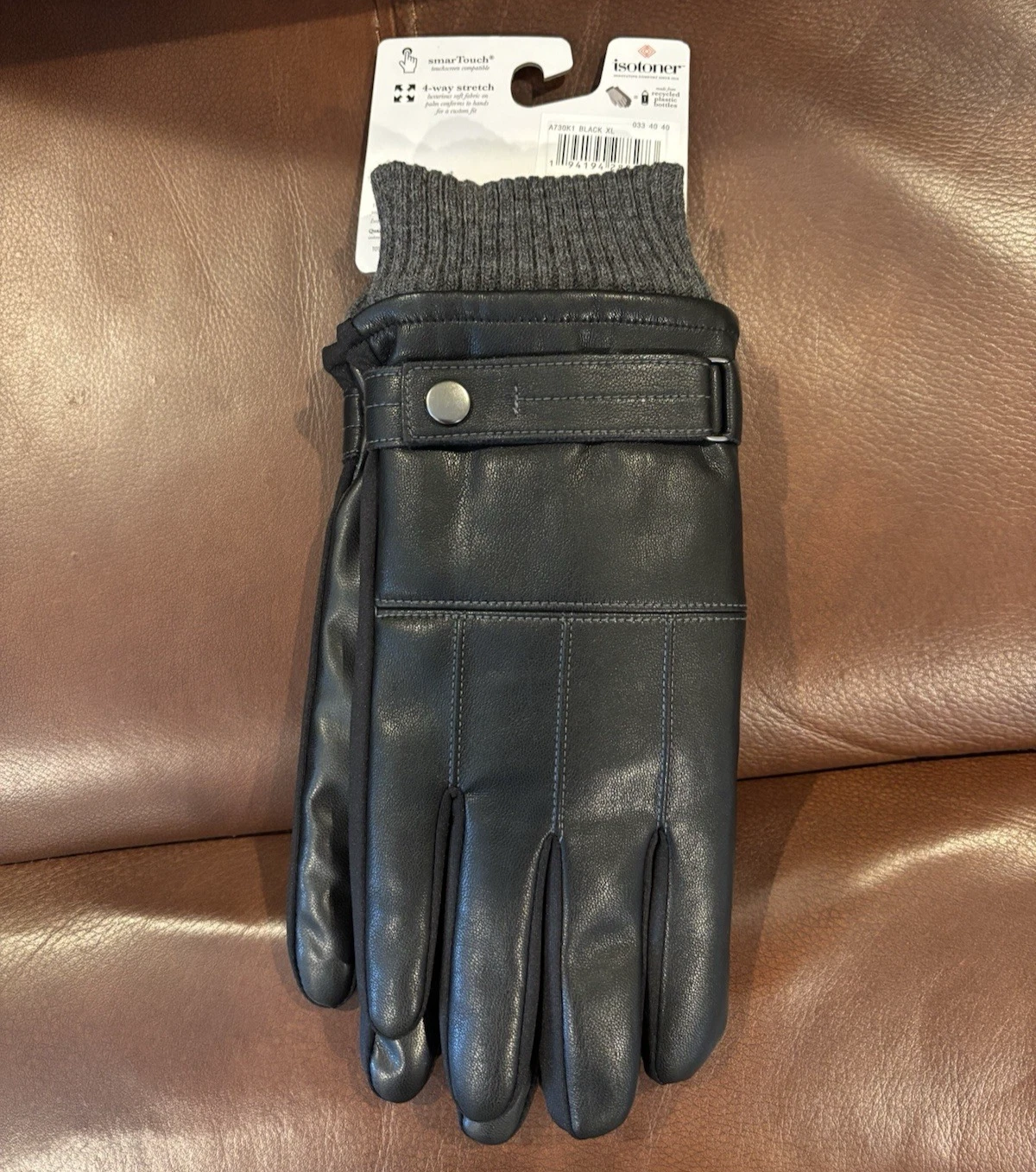 Isotoner Men Black Faux Leather Slip On Touchscreen Winter Cold Weather Gloves L