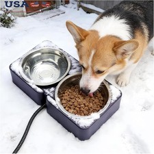 Heated Pet Bowl Cats Dogs Outdoor Use Ice-Free Water Food Double Bowls
