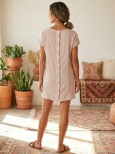 Madewell Siz Small Rust Brown White Striped Short Sleeve Tunic Dress Linen Blend