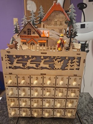 Wood Lighted Advent Calendar with Christmas Village Scene and Drawers