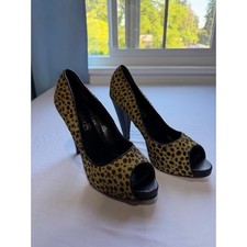 VTG Boutique 58 Leopard Print Calf Hair Peep Toe Pumps Tan Black Heels Size 10M