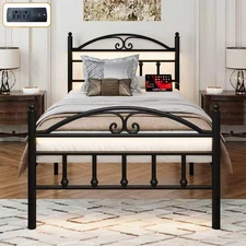 Twin Size Bed Frames with Charging Station,Black Metal Platform Bed Frame wit...