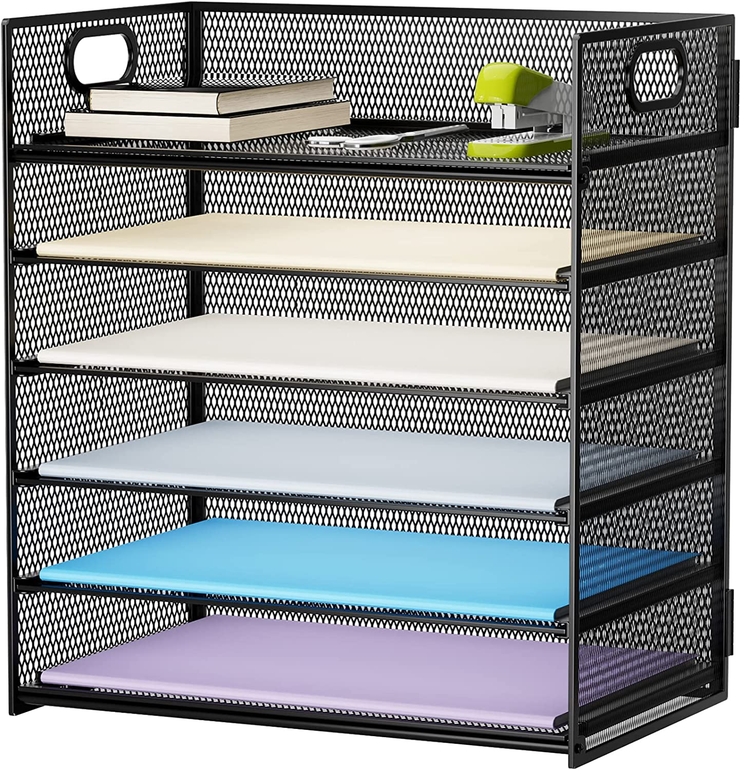 6 Tier Paper Organizer Letter Tray - Mesh Desk File Organizer with Handle, Paper-image