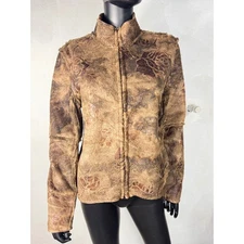 True Grit Dry Goods Floral Textured Faux Fur Jacket Brown Womens L