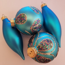 G  B Vintage Glass Ornaments 2 Embellished Sparkle  2 Teardrop Blue Crown Top