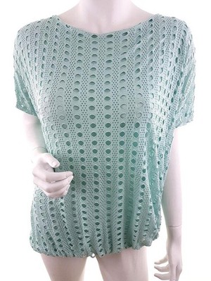 ITALY MODA Damen Bluse Gr. L Türkis Viskose Kurzer Ärmel Boots-Ausschnitt