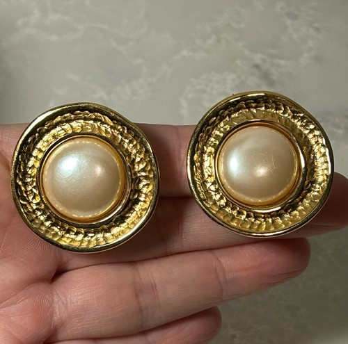 VTG Givenchy Gold Tone Faux Pearl Stud Clip On Statement Earrings