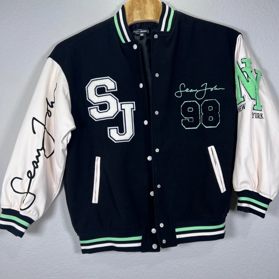 Chaqueta Universitaria Sean John X Missguided Bombardero Snap Completo Negra Verde Blanca EE. UU. 12 Foto 3 de 4