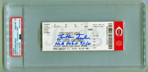 Jonathan India Signed MLB Debut Ticket 4/1/2021 w/ Inscription PSA 10 Auto ROY