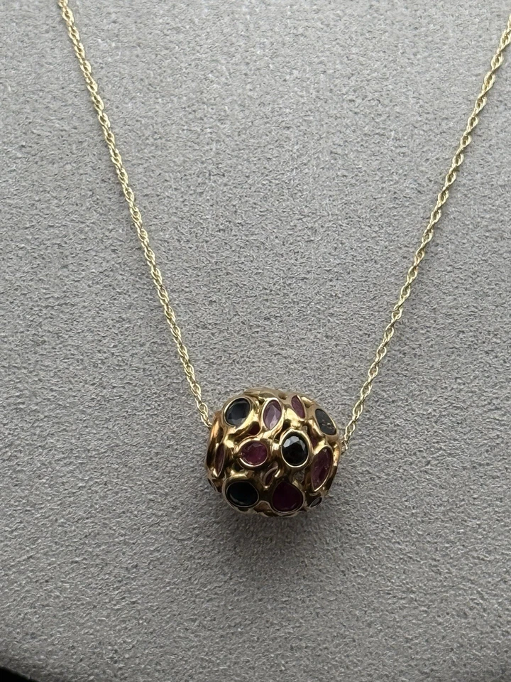 Bezel Set Sapphire & Ruby Cobblestone Ball Bead 14K Gold Pendant - Image 2 of 4