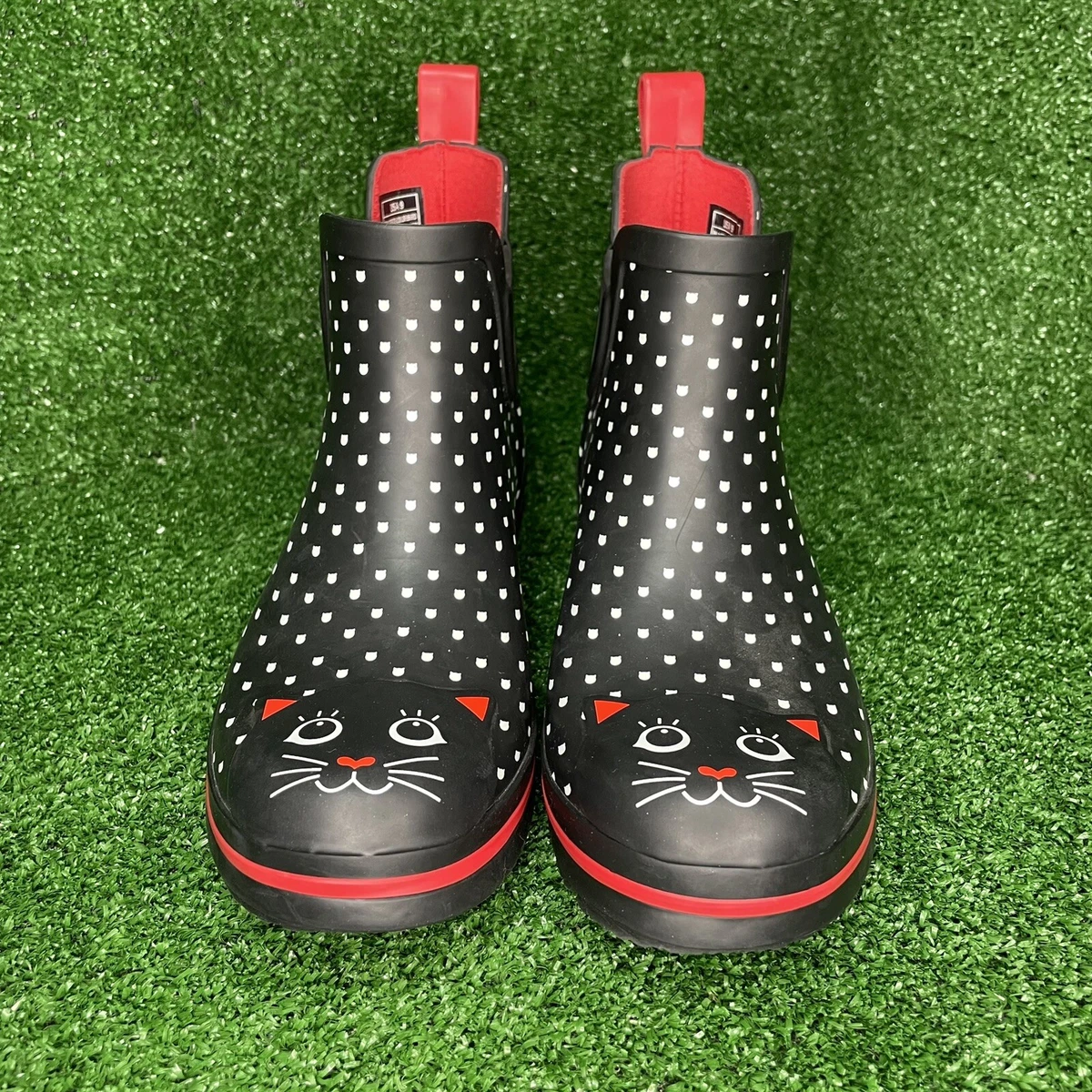 Bobs Skechers Women s Black Cat Rubber Rain Boots Kitty Polka Dot
