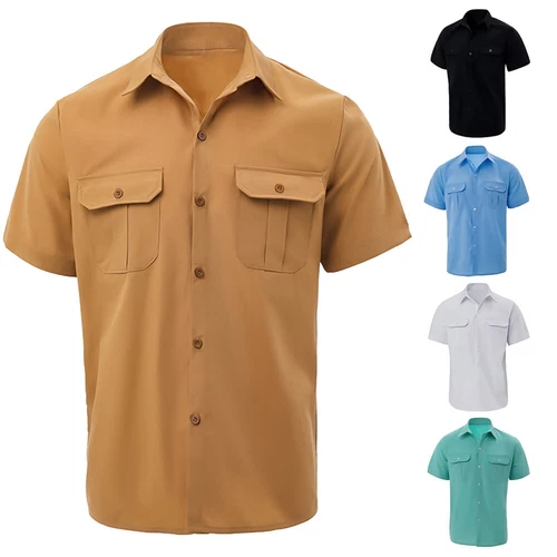 Men's Shirt Button Down Short Sleeve Two Front Pockets Solid Color Casual Tops#A - Picture 1 of 21
