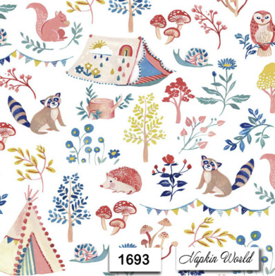 (1693) TWO Individual Paper LUNCHEON Decoupage Napkins - CAMPING TENT ANIMALS