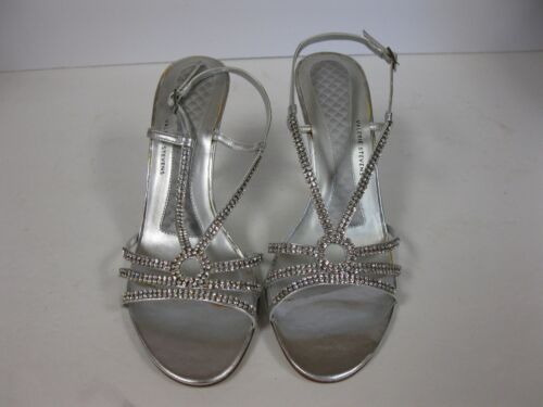 Valerie Stevens Ringer Silver Satin With Rhinestone Heeled Sandal 9.5M Formal - Picture 1 of 5