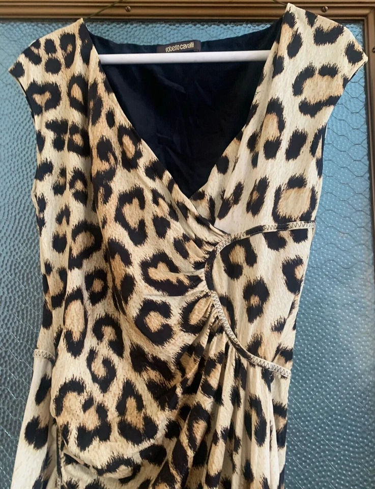 VESTIDO ROBERTO CAVALLI MUJER ESTAMPADO LEOPARDO ELÁSTICO ACANALADO CUELLO EN V TALLA 44 Foto 4 de 4